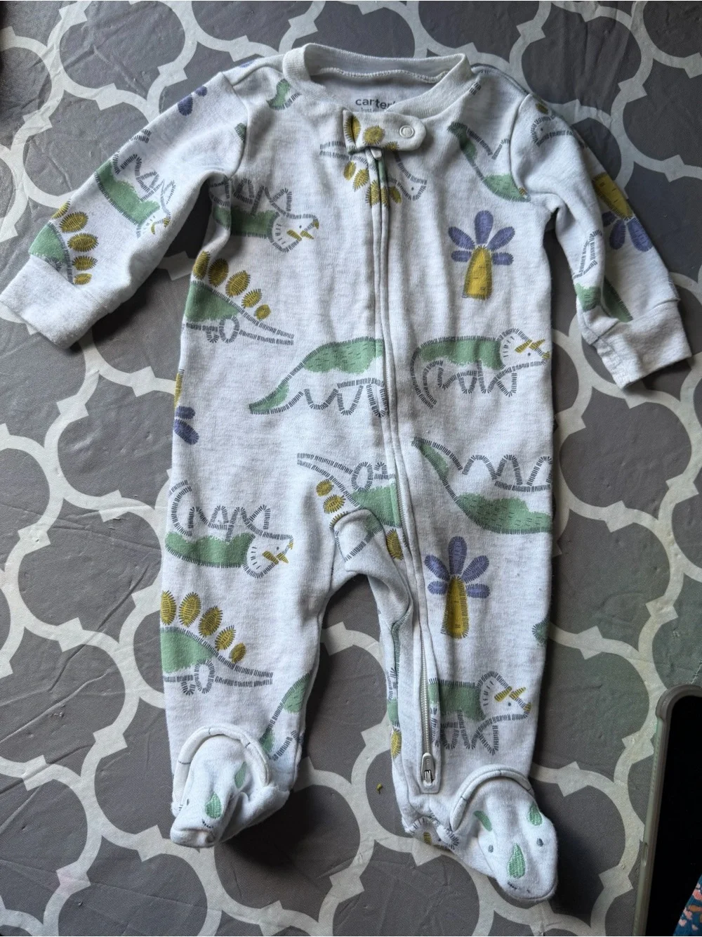 Carter's White Footed One-Piece with Green & Yellow Dino Print